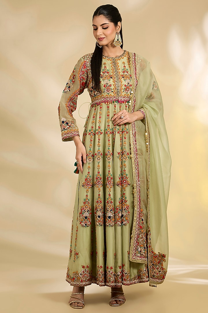 Pista Green Silk Hand & Machine Embroidered Bridal Anarkali Set by Debyani at Pernia's Pop Up Shop