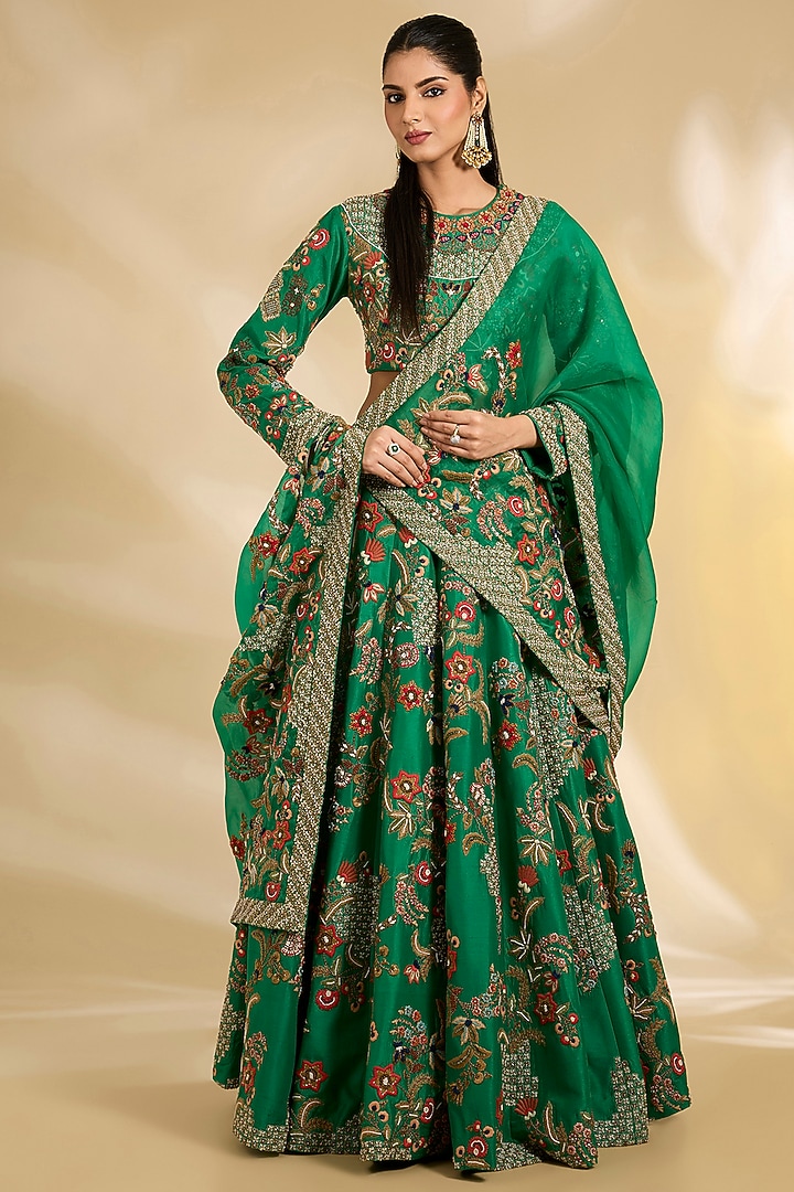 Green Silk Hand & Machine Embroidered Bridal Lehenga Set by Debyani at Pernia's Pop Up Shop