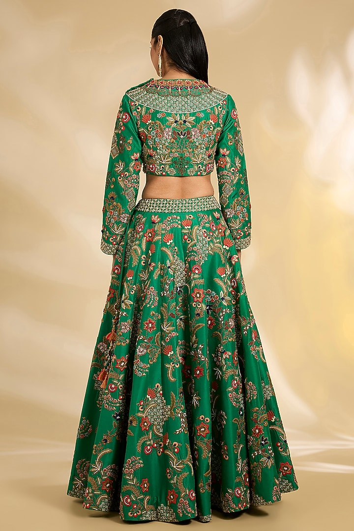 Green Silk Hand & Machine Embroidered Bridal Lehenga Set by Debyani at Pernia's Pop Up Shop