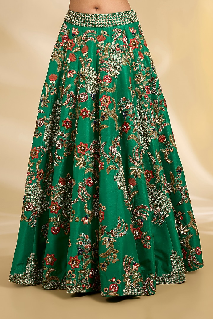Green Silk Hand & Machine Embroidered Bridal Lehenga Set by Debyani at Pernia's Pop Up Shop