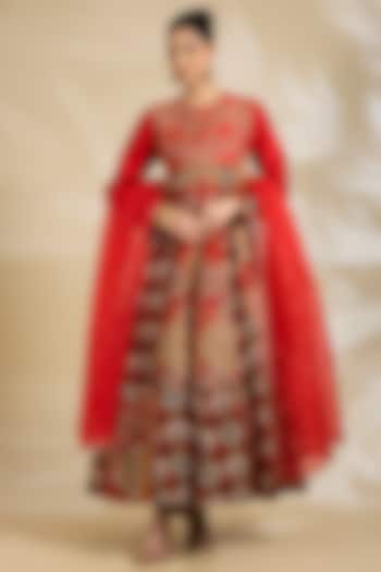 Red Chanderi Hand & Machine Embroidered Bridal Anarkali Set by Debyani at Pernia's Pop Up Shop