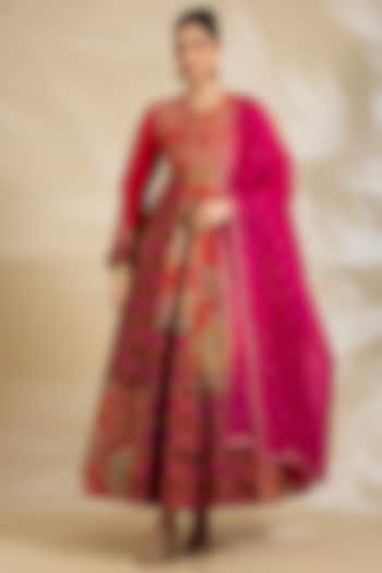 Magenta Chanderi Embroidered & Printed Bridal Anarkali Set by Debyani at Pernia's Pop Up Shop