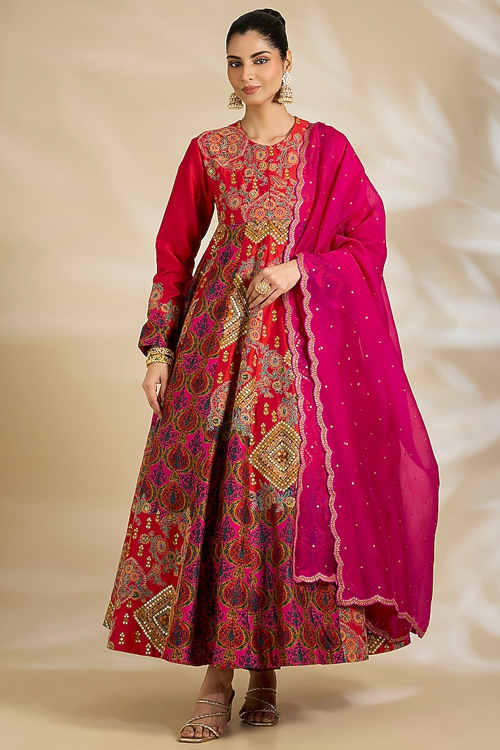 Magenta Chanderi Embroidered & Printed Bridal Anarkali Set by Debyani at Pernia's Pop Up Shop
