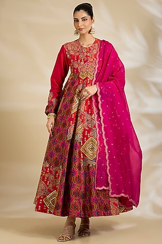 Magenta Chanderi Embroidered & Printed Anarkali Set by Debyani