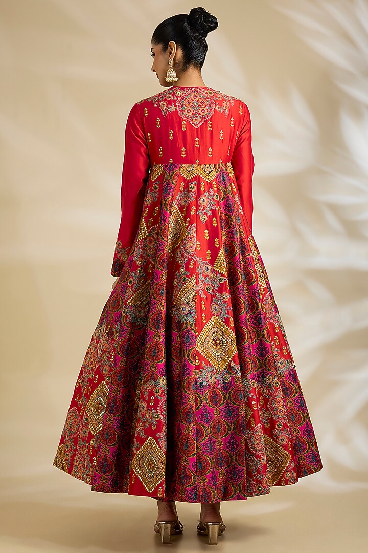 Magenta Chanderi Embroidered & Printed Bridal Anarkali Set by Debyani at Pernia's Pop Up Shop