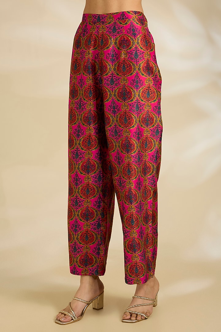 Magenta Chanderi Embroidered & Printed Bridal Anarkali Set by Debyani at Pernia's Pop Up Shop