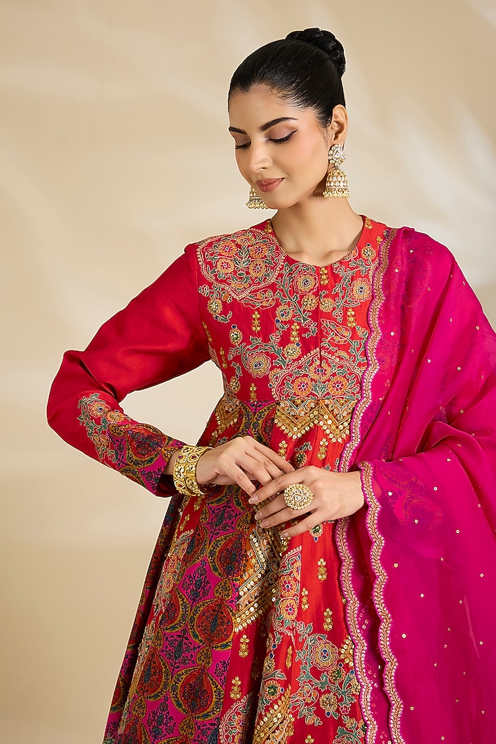 Magenta Chanderi Embroidered & Printed Bridal Anarkali Set by Debyani at Pernia's Pop Up Shop
