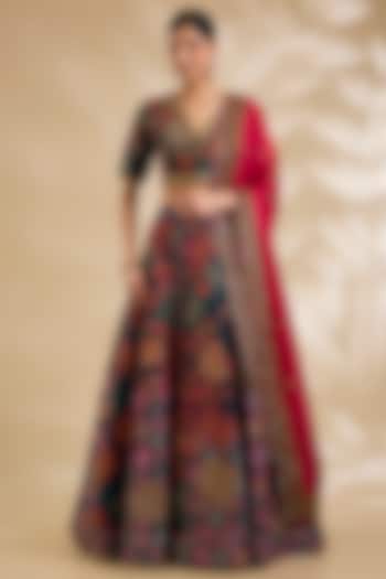 Blue Chanderi Floral Printed Bridal Lehenga Set by Debyani at Pernia's Pop Up Shop