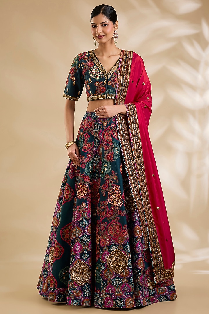 Blue Chanderi Floral Printed Bridal Lehenga Set by Debyani at Pernia's Pop Up Shop