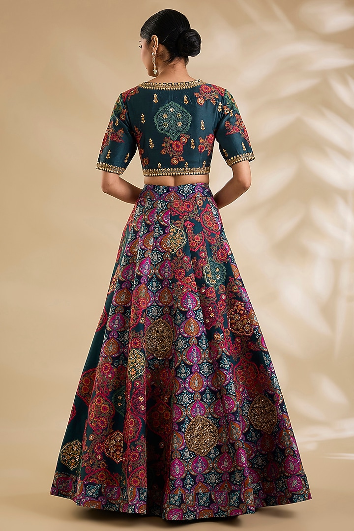 Blue Chanderi Floral Printed Bridal Lehenga Set by Debyani at Pernia's Pop Up Shop