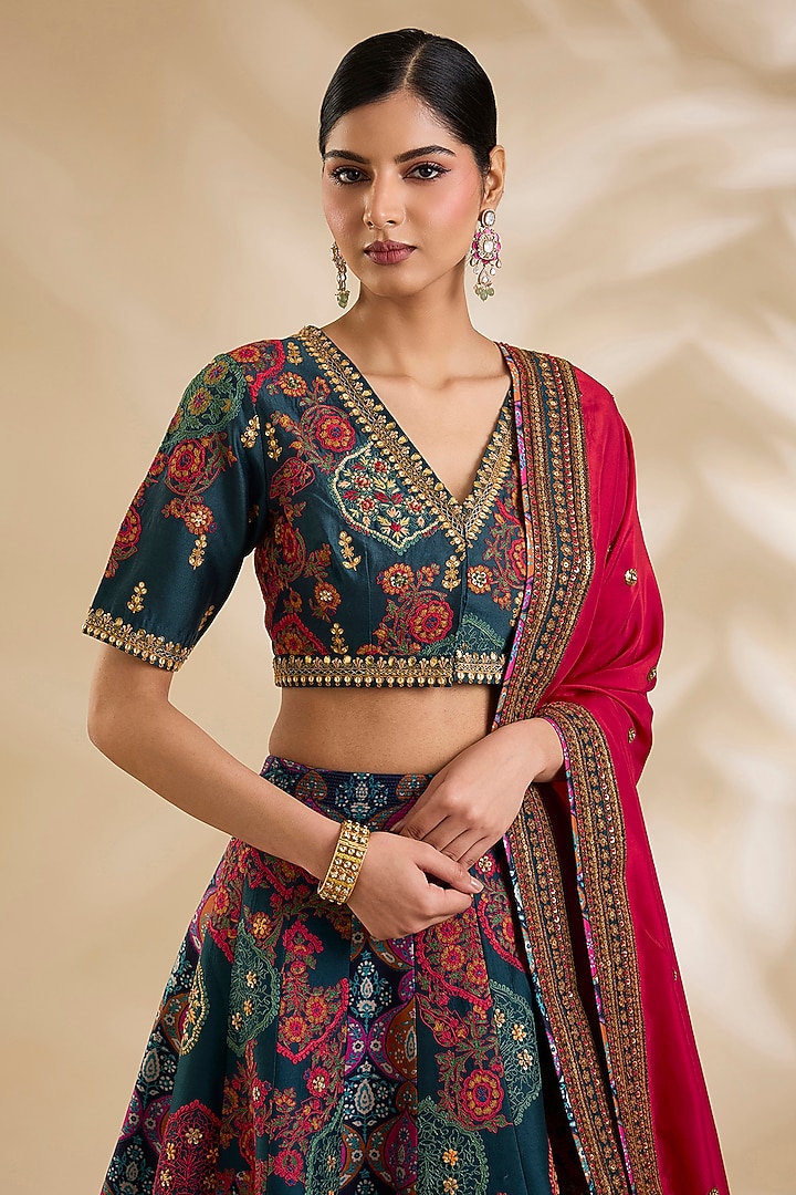Blue Chanderi Floral Printed Bridal Lehenga Set by Debyani at Pernia's Pop Up Shop