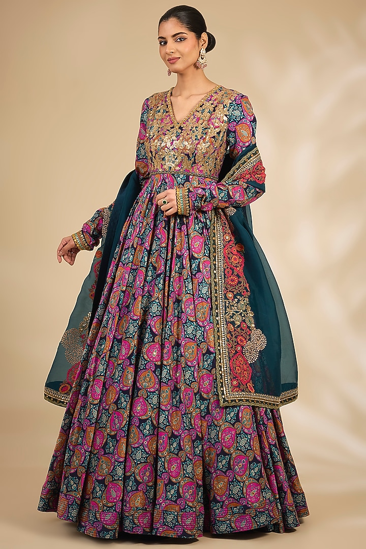 Multi-Colored Chanderi Floral Printed Bridal Anarkali Set by Debyani at Pernia's Pop Up Shop