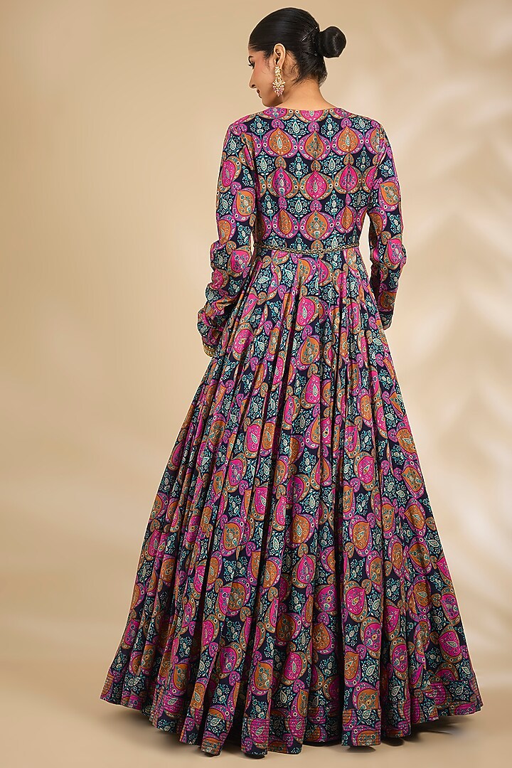 Multi-Colored Chanderi Floral Printed Bridal Anarkali Set by Debyani at Pernia's Pop Up Shop