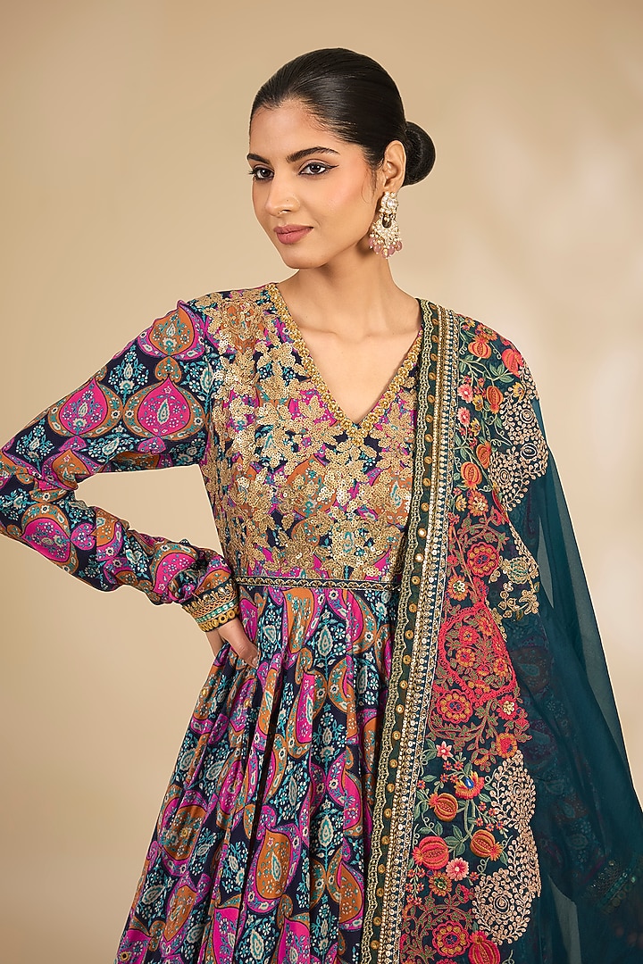 Multi-Colored Chanderi Floral Printed Bridal Anarkali Set by Debyani at Pernia's Pop Up Shop
