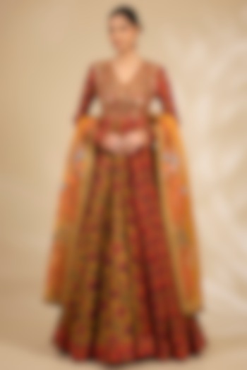 Multi-Colored Chanderi Floral Printed Bridal Anarkali Set by Debyani at Pernia's Pop Up Shop