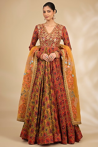 Multi-Colored Chanderi Floral Printed Anarkali Set by Debyani