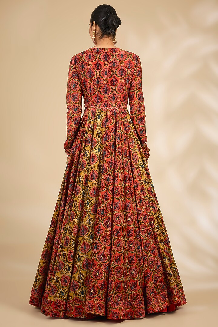 Multi-Colored Chanderi Floral Printed Bridal Anarkali Set by Debyani at Pernia's Pop Up Shop