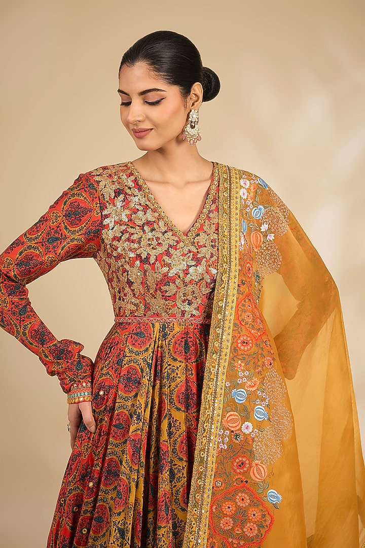 Multi-Colored Chanderi Floral Printed Bridal Anarkali Set by Debyani at Pernia's Pop Up Shop