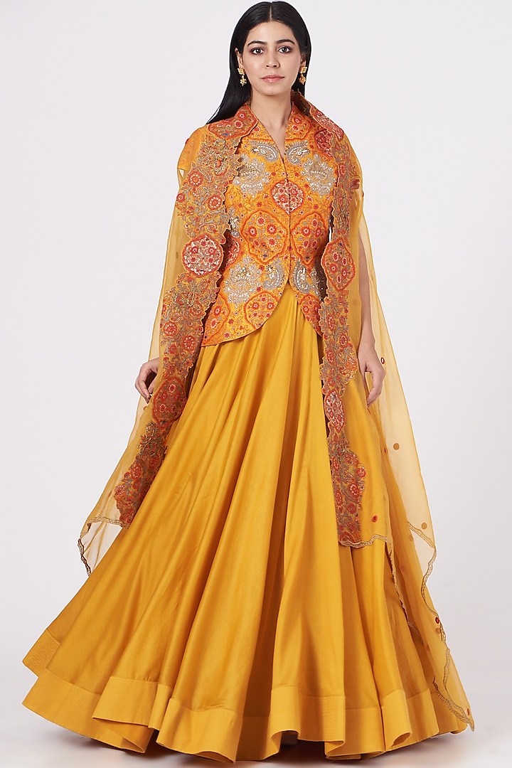 Mustard Silk Chanderi Wedding Lehenga Set by Debyani at Pernia's Pop Up Shop