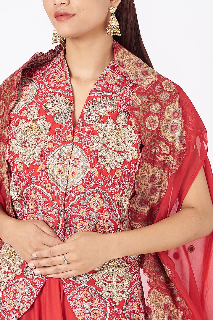 Red Silk Chanderi Wedding Lehenga Set by Debyani at Pernia's Pop Up Shop