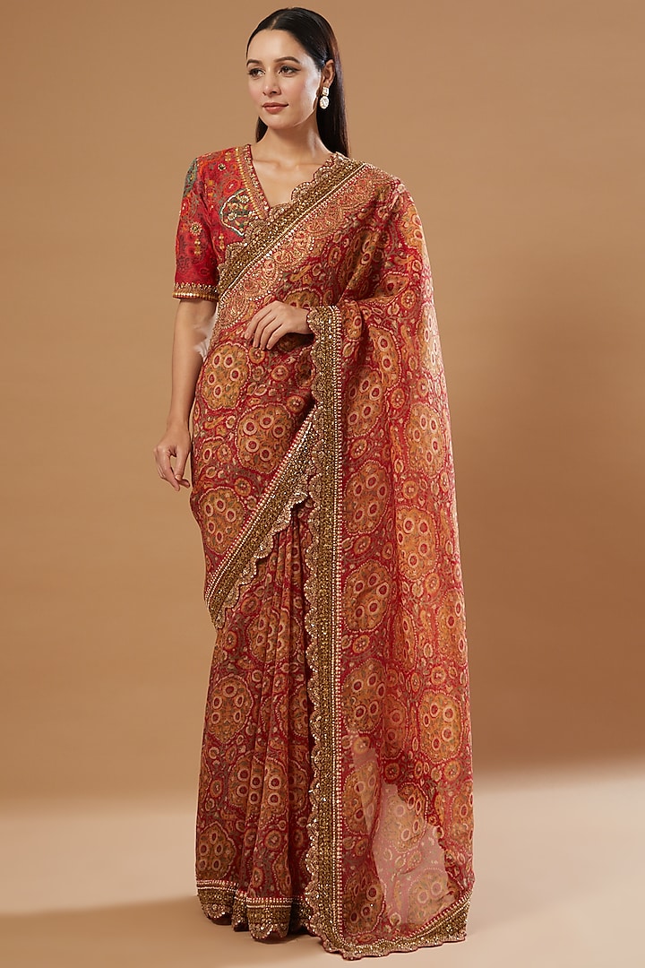 Red Organza Printed Saree Set by Debyani