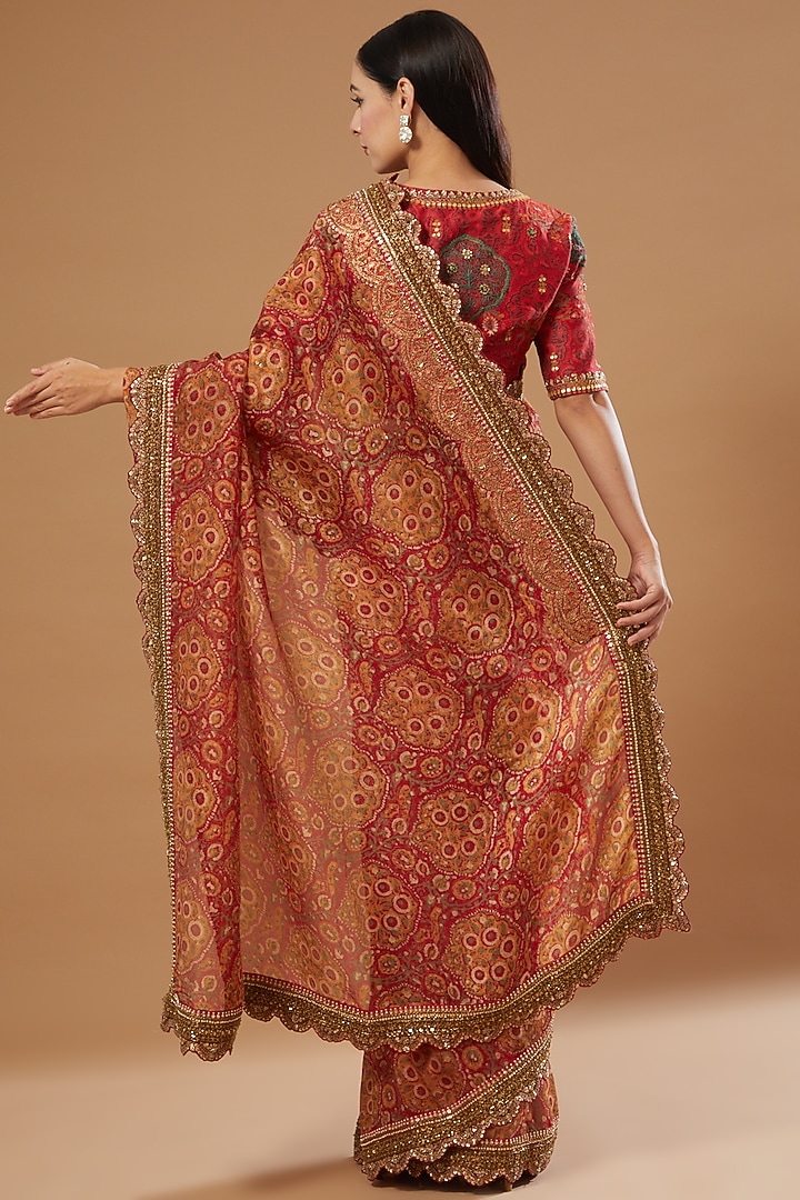 Red Organza Printed Reception Saree Set by Debyani at Pernia's Pop Up Shop