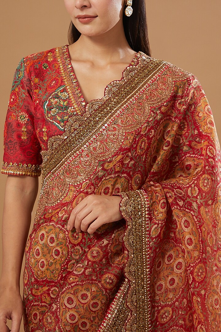 Red Organza Printed Reception Saree Set by Debyani at Pernia's Pop Up Shop