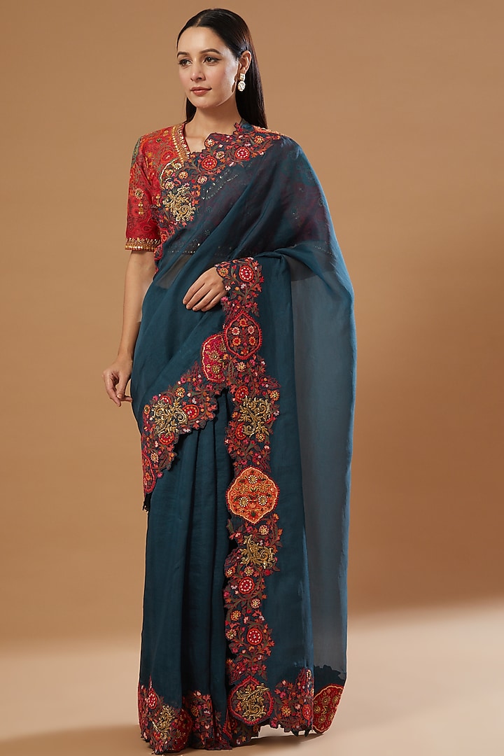 Blue Embroidered Saree Set by Debyani