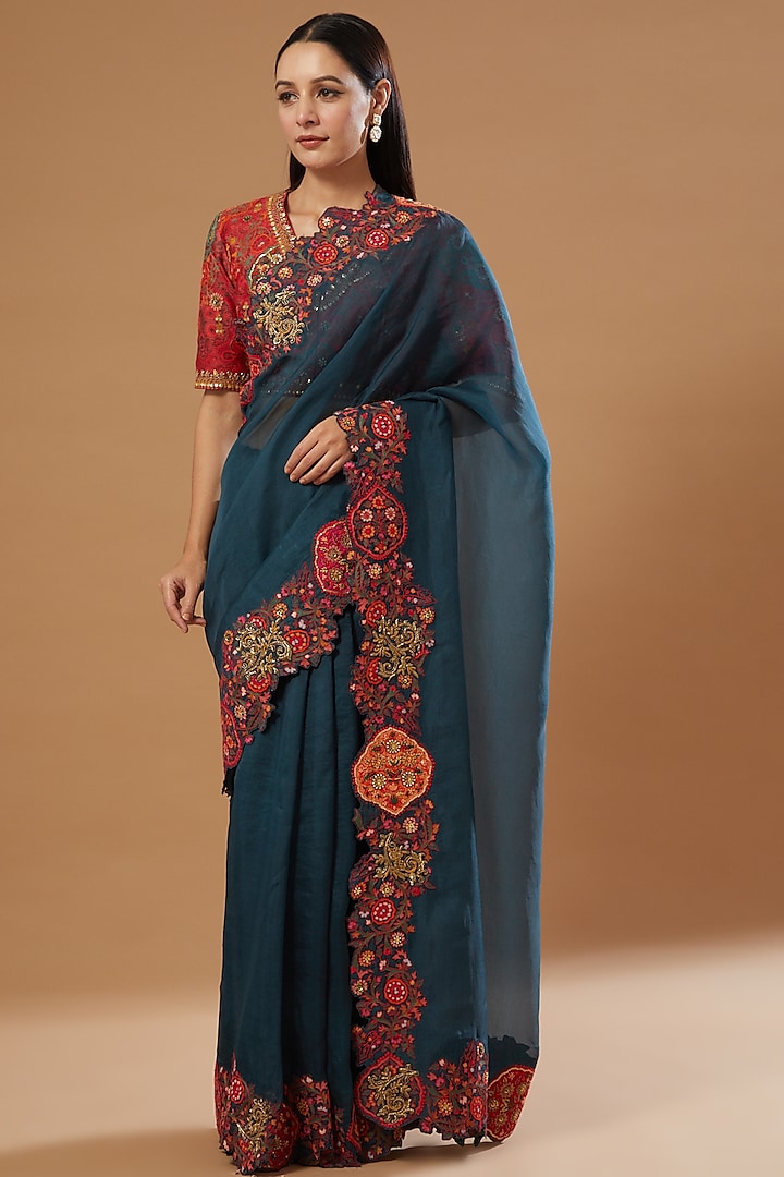 Blue Embroidered Saree Set by Debyani at Pernia's Pop Up Shop