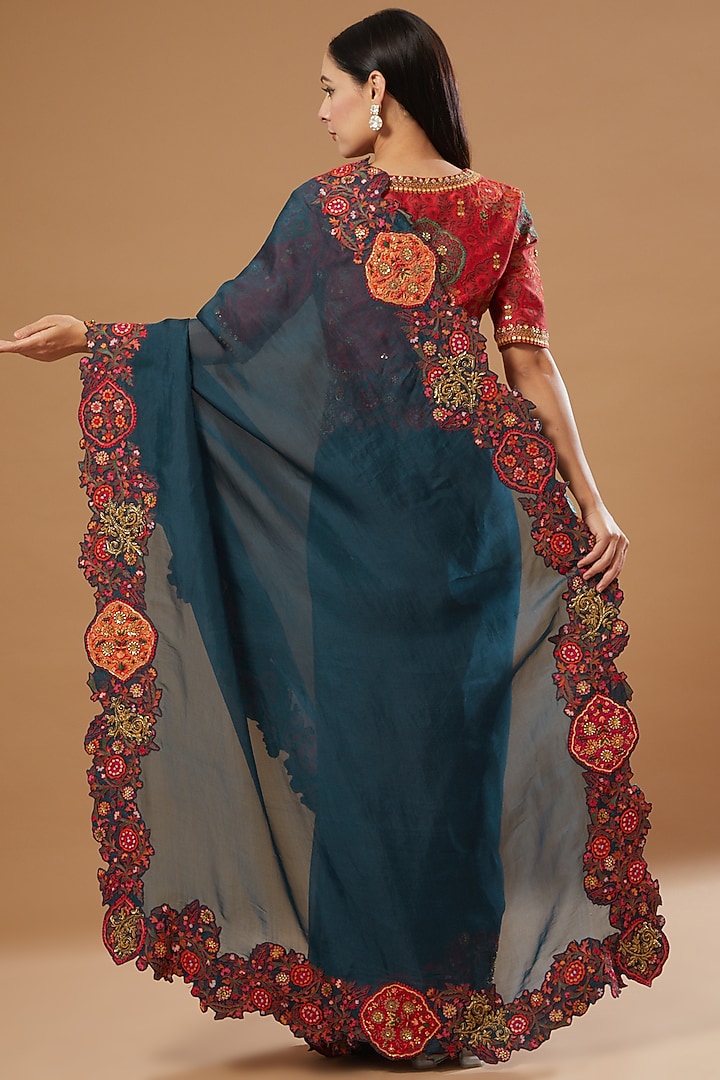 Blue Embroidered Reception Saree Set by Debyani at Pernia's Pop Up Shop