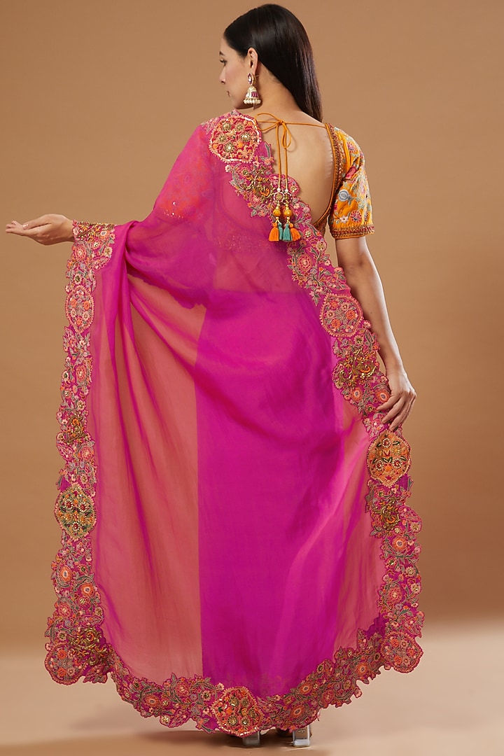 Magenta Embroidered Reception Saree Set by Debyani at Pernia's Pop Up Shop