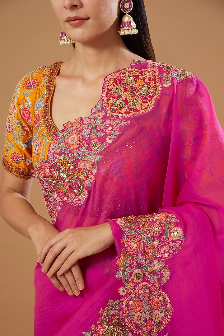 Magenta Embroidered Reception Saree Set by Debyani at Pernia's Pop Up Shop