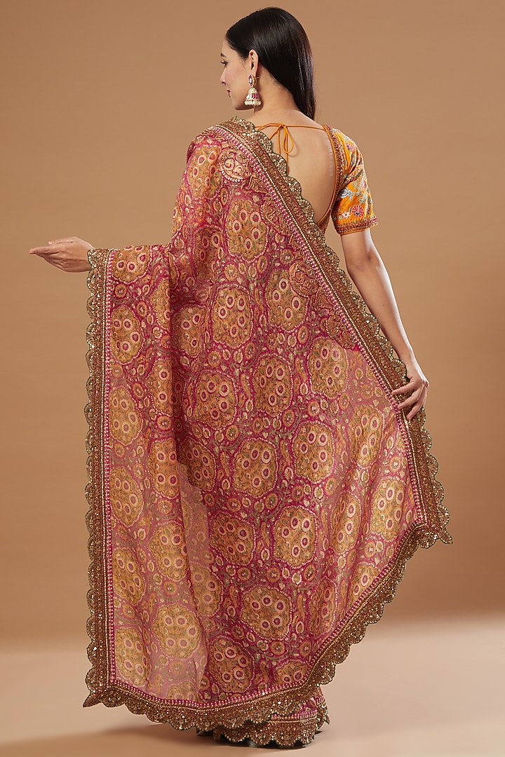 Pink Organza Floral Printed Reception Saree Set by Debyani at Pernia's Pop Up Shop