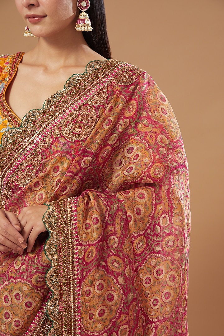 Pink Organza Floral Printed Reception Saree Set by Debyani at Pernia's Pop Up Shop