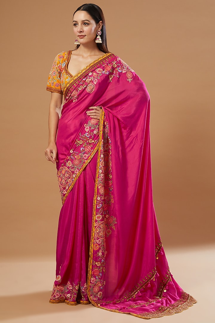 Magenta Silk Reception Saree Set by Debyani at Pernia's Pop Up Shop