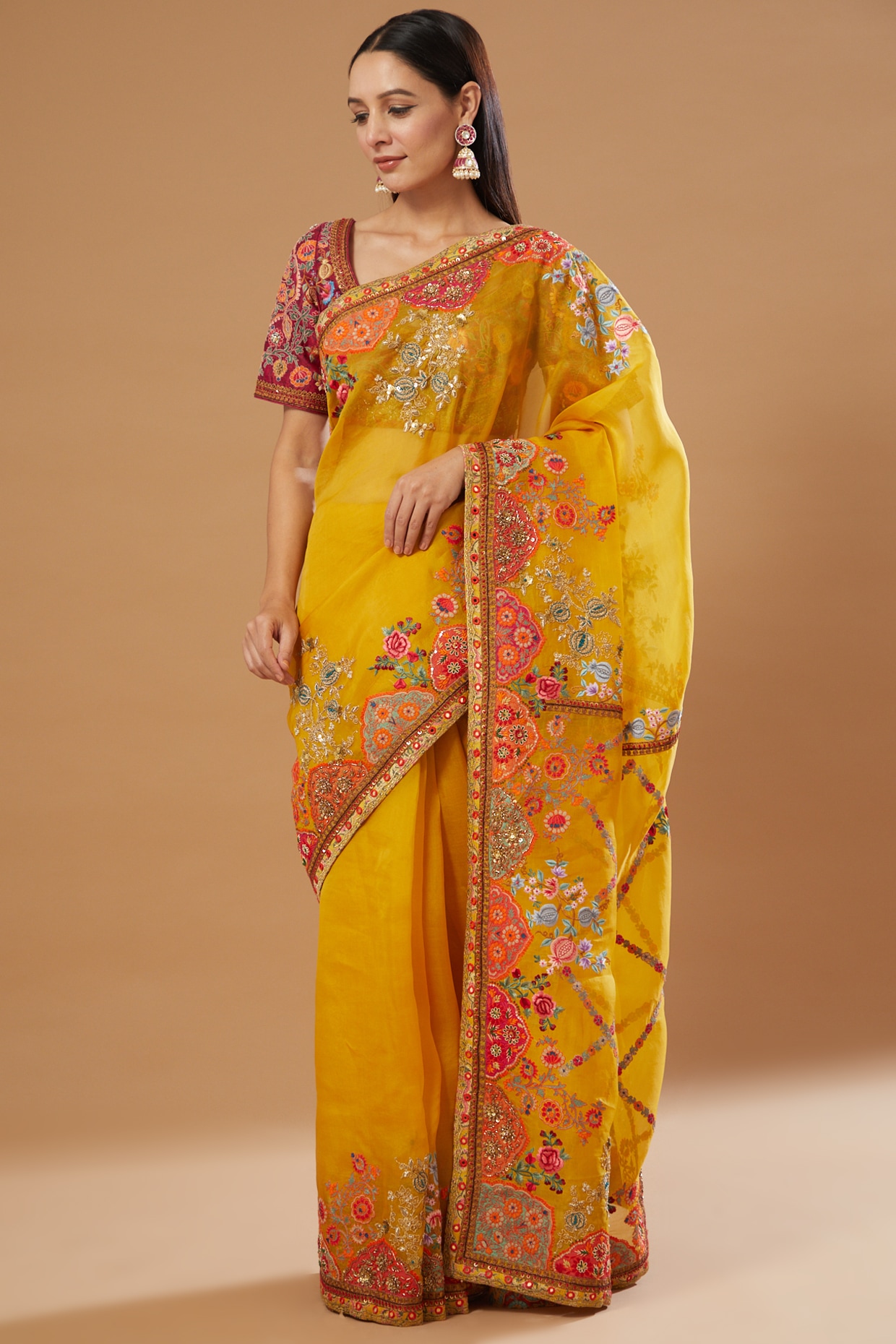 Pre-stitched White and Yellow Digital Print Organza Saree and Blouse (Set)  | Organza Digital Print Saree | Mann Sey