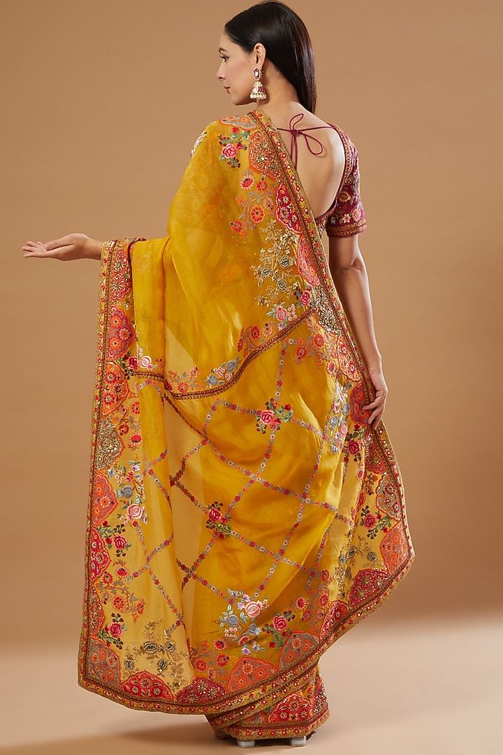 Yellow Organza Chintz & Mughal Work Reception Saree Set by Debyani at Pernia's Pop Up Shop