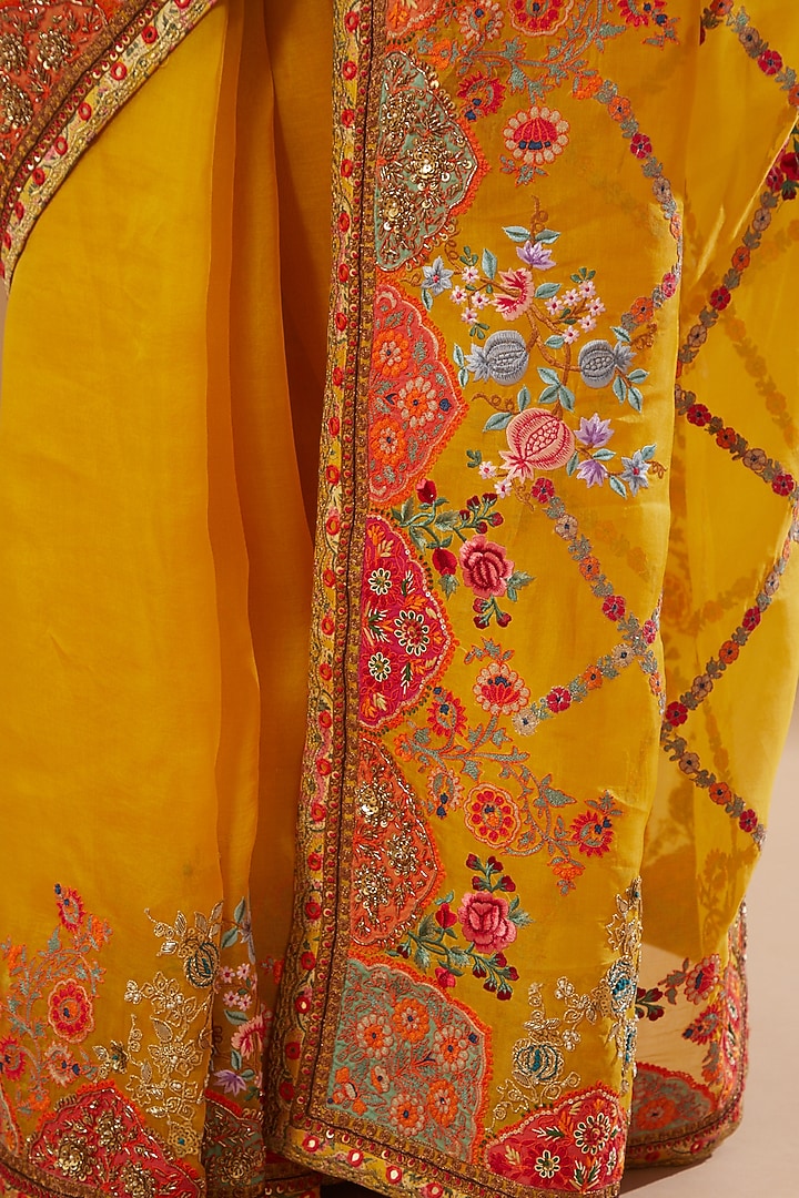 Yellow Organza Chintz & Mughal Work Reception Saree Set by Debyani at Pernia's Pop Up Shop