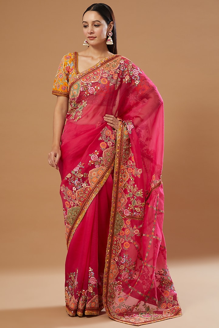 Magenta Organza Mughal Work Reception Saree Set by Debyani at Pernia's Pop Up Shop