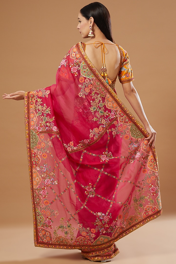Magenta Organza Mughal Work Reception Saree Set by Debyani at Pernia's Pop Up Shop