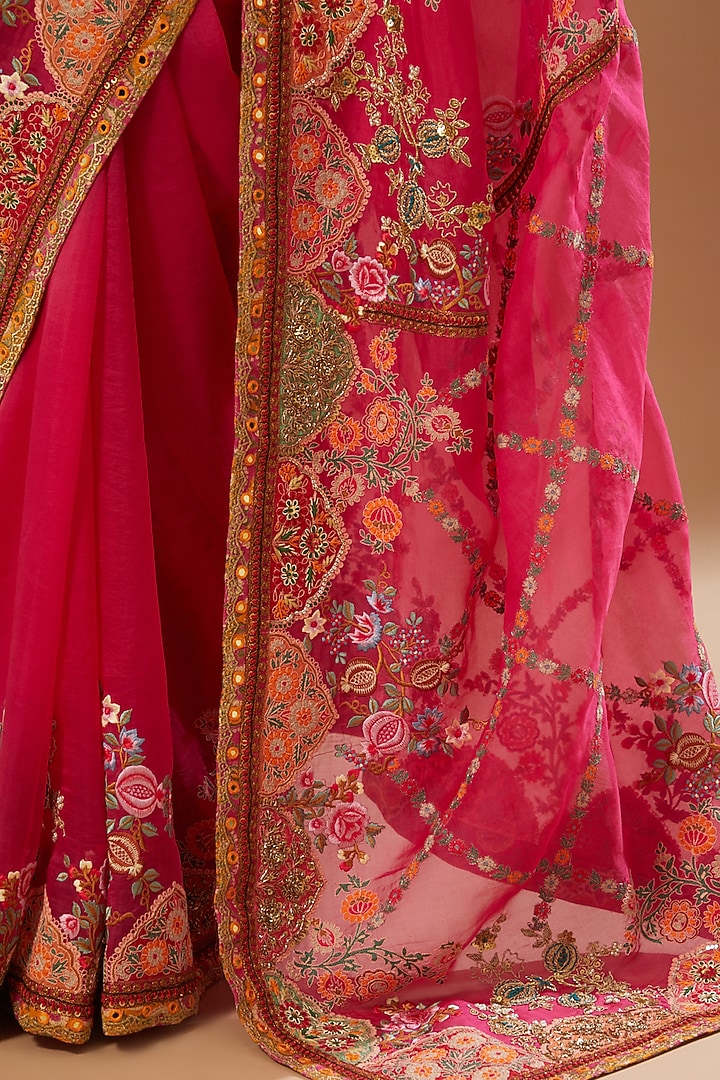 Magenta Organza Mughal Work Reception Saree Set by Debyani at Pernia's Pop Up Shop