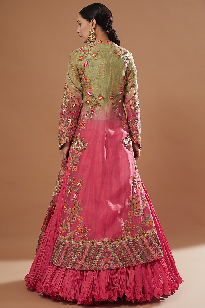 Pista Green & Candy Pink Chanderi Jacket Bridal Lehenga Set by Debyani at Pernia's Pop Up Shop