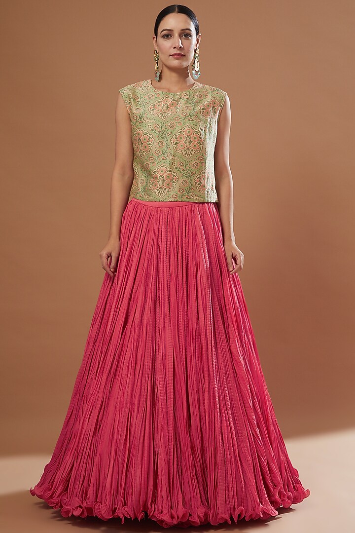 Pista Green & Candy Pink Chanderi Jacket Bridal Lehenga Set by Debyani at Pernia's Pop Up Shop