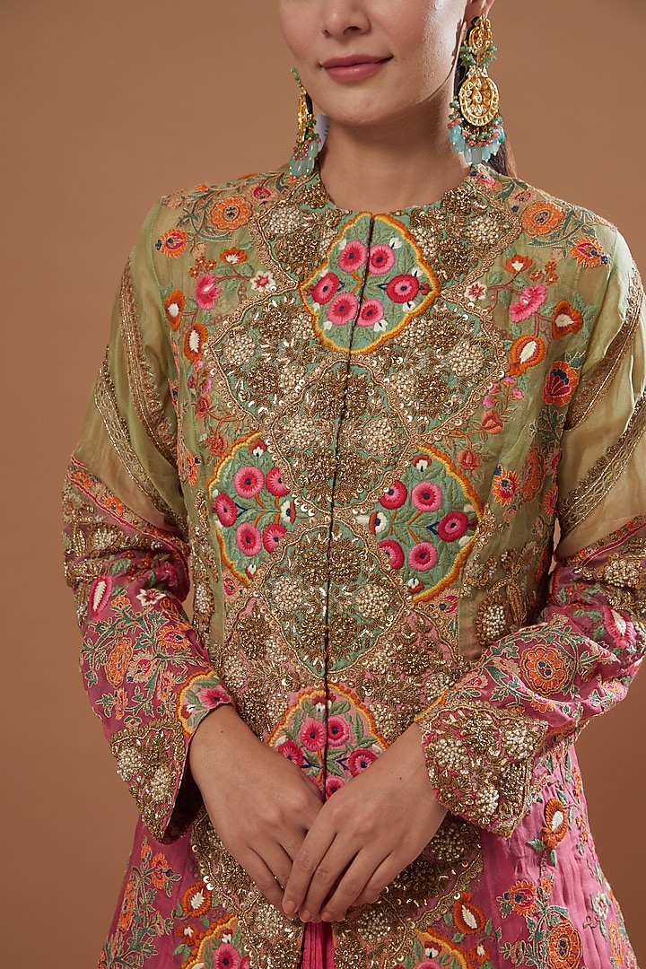 Pista Green & Candy Pink Chanderi Jacket Bridal Lehenga Set by Debyani at Pernia's Pop Up Shop