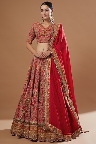 Red Chanderi Lehenga Set by Debyani