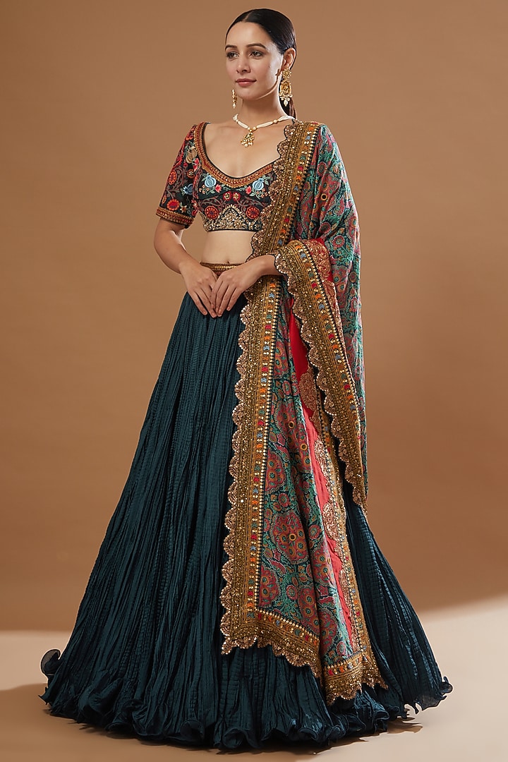 Blue Chanderi & Mulmul Crushed Wedding Lehenga Set by Debyani at Pernia's Pop Up Shop