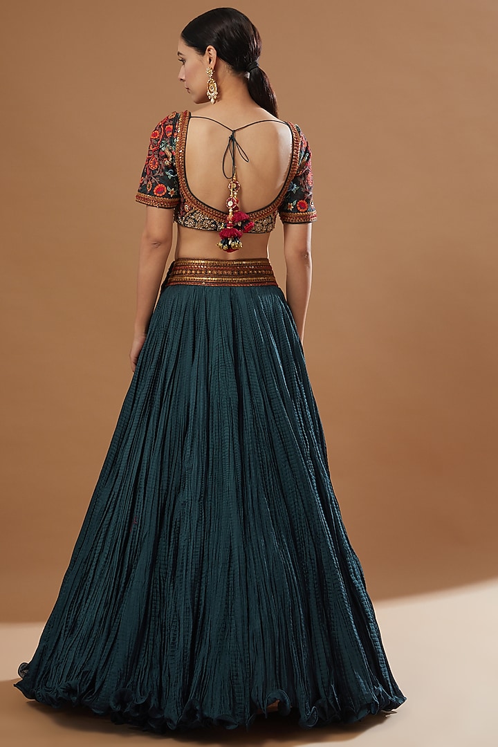Blue Chanderi & Mulmul Crushed Wedding Lehenga Set by Debyani at Pernia's Pop Up Shop