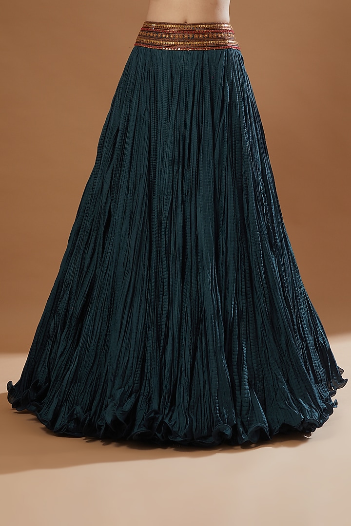 Blue Chanderi & Mulmul Crushed Wedding Lehenga Set by Debyani at Pernia's Pop Up Shop