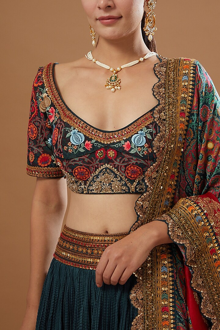 Blue Chanderi & Mulmul Crushed Wedding Lehenga Set by Debyani at Pernia's Pop Up Shop