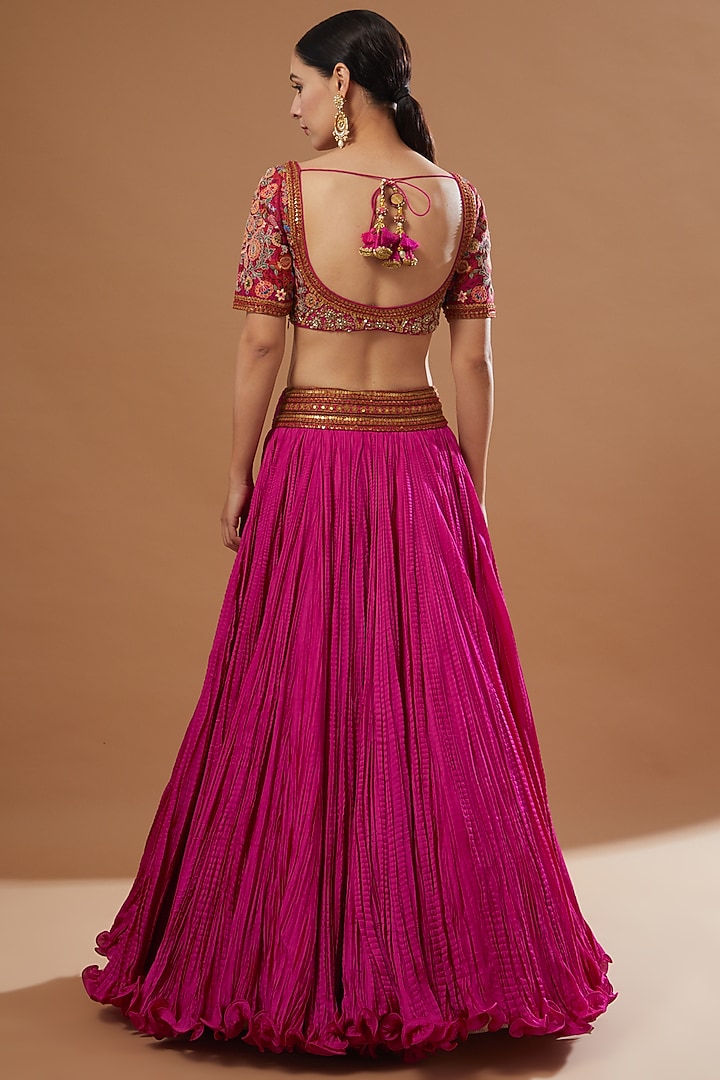 Magenta Chanderi & Mulmul Crushed Wedding Lehenga Set by Debyani at Pernia's Pop Up Shop
